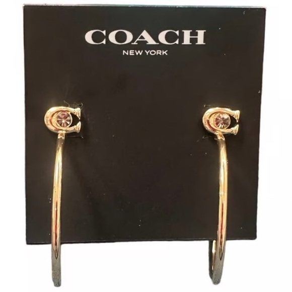 COACH GOLD BRASS CRYSTAL LOGO HOOP EARRINGS MEDIUM LARGE - Picture 2 of 7